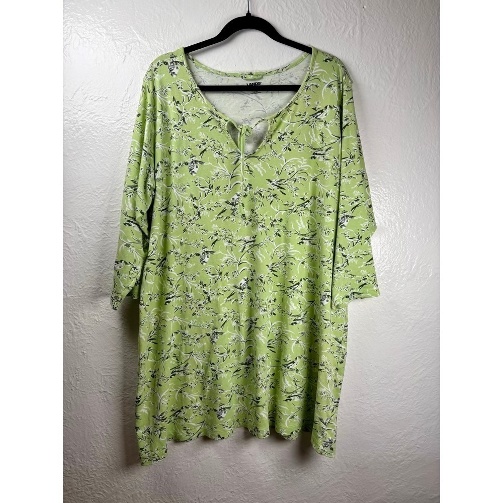 Lands End Womens 1X Green Floral Bird Print Cotton Knit Tunic Cottage‎ Coastal